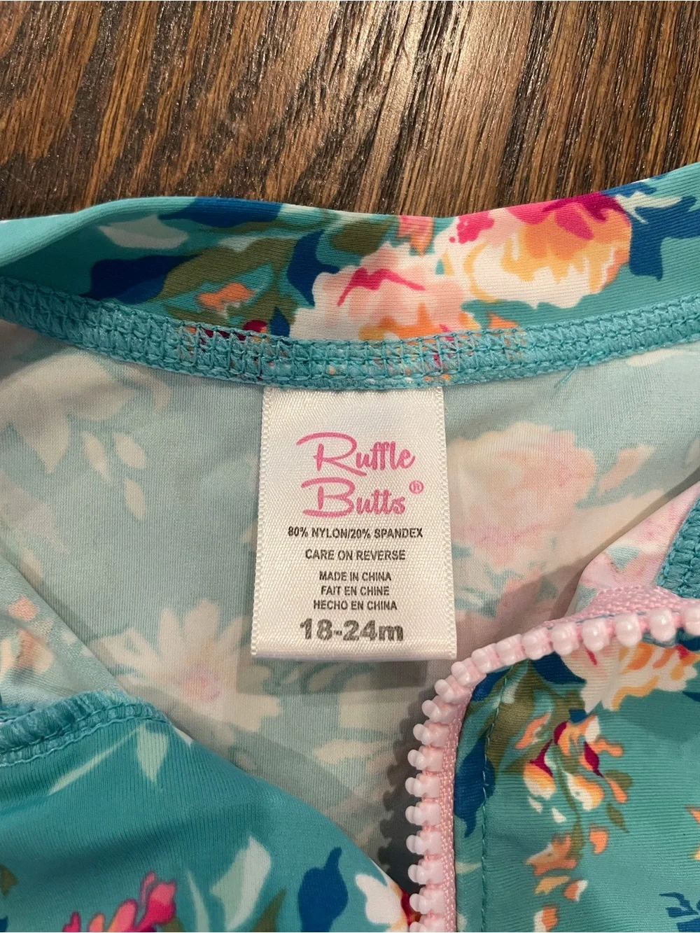 Ruffle Butts Aqua Floral Long-Sleeve Rashguard Set with Pink Accents